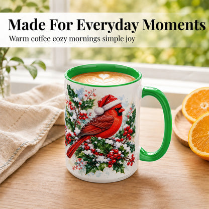 #pl[15oz|Green] Christmas Cardinal Coffee Mug, Santa Hat Bird Mug, Ceramic Cup