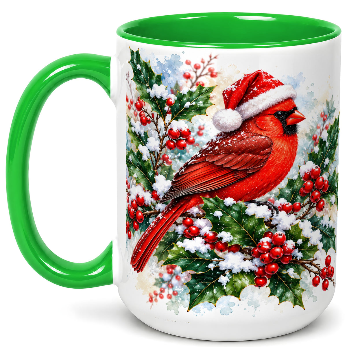 #pl[15oz|Green] Christmas Cardinal Coffee Mug, Santa Hat Bird Mug, Ceramic Cup