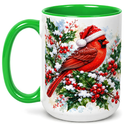#pl[15oz|Green] Christmas Cardinal Coffee Mug, Santa Hat Bird Mug, Ceramic Cup