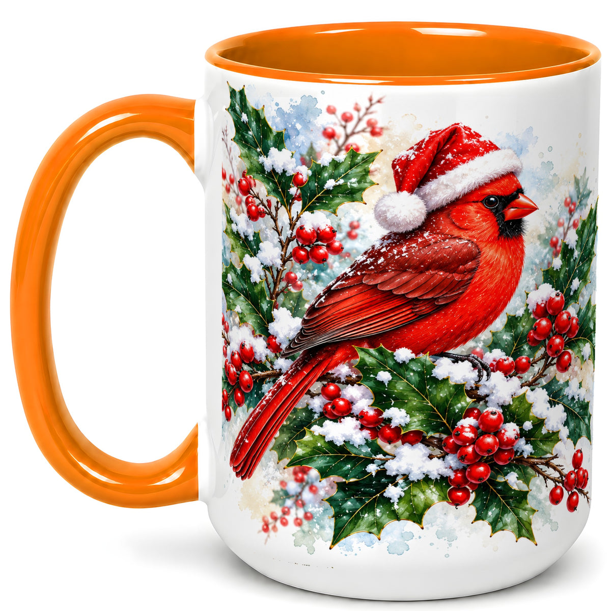 #pl[15oz|Orange] Christmas Cardinal Coffee Mug, Santa Hat Bird Mug, Ceramic Cup