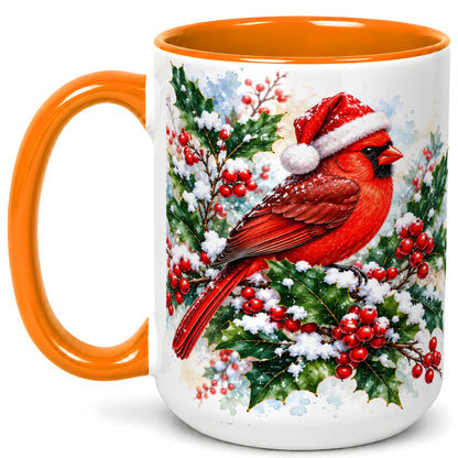 #pl[15oz|Orange] Christmas Cardinal Coffee Mug, Santa Hat Bird Mug, Ceramic Cup