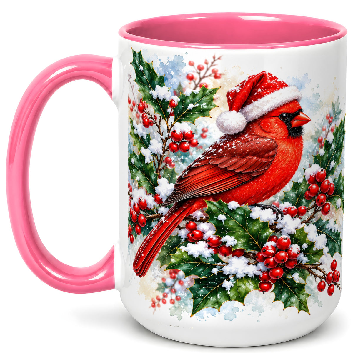 #pl[15oz|Pink] Christmas Cardinal Coffee Mug, Santa Hat Bird Mug, Ceramic Cup