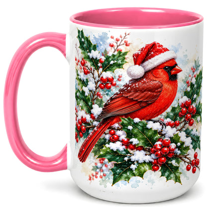#pl[15oz|Pink] Christmas Cardinal Coffee Mug, Santa Hat Bird Mug, Ceramic Cup