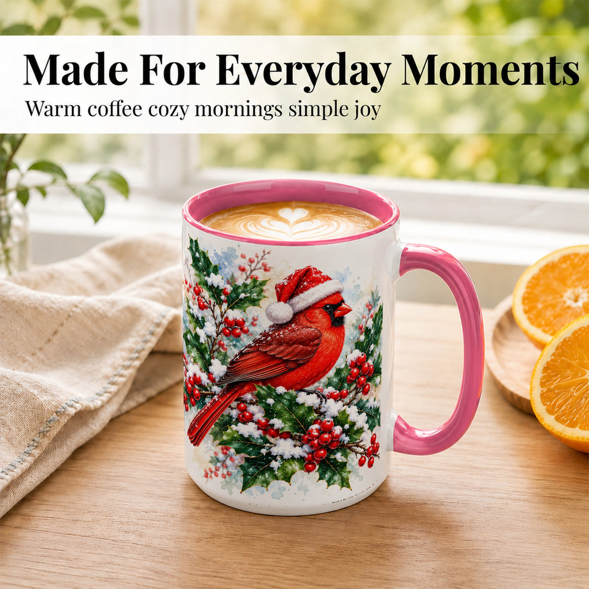 #pl[15oz|Pink] Christmas Cardinal Coffee Mug, Santa Hat Bird Mug, Ceramic Cup