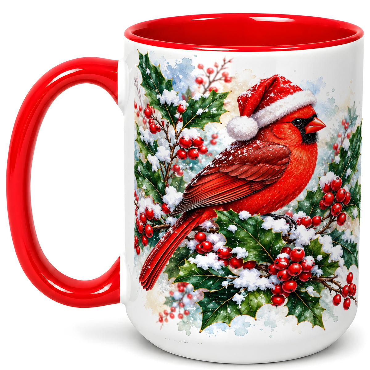 #pl[15oz|Red] Christmas Cardinal Coffee Mug, Santa Hat Bird Mug, Ceramic Cup