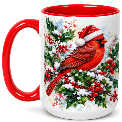 #pl[15oz|Red] Christmas Cardinal Coffee Mug, Santa Hat Bird Mug, Ceramic Cup