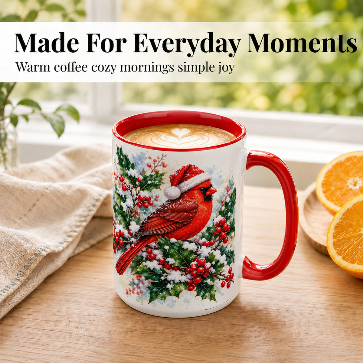 #pl[15oz|Red] Christmas Cardinal Coffee Mug, Santa Hat Bird Mug, Ceramic Cup