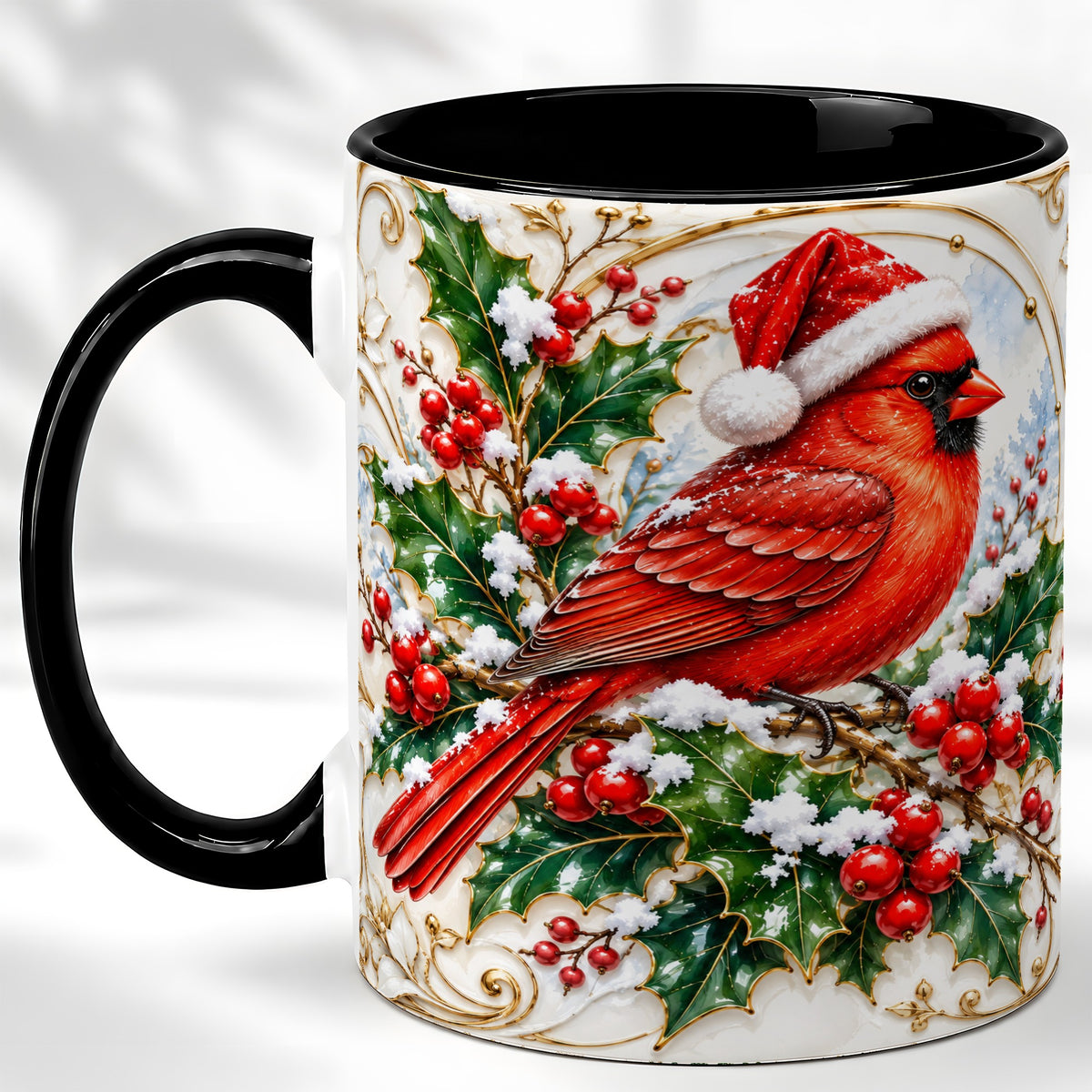 #pl[11oz|Black] Christmas Cardinal Coffee Mug, Gold Botanical Bird Mug, Ceramic Cup