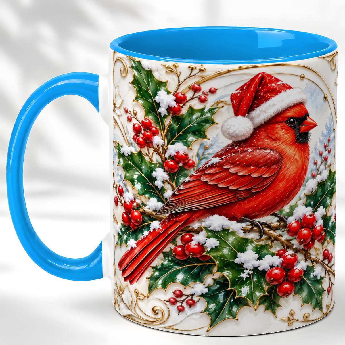 #pl[11oz|Blue] Christmas Cardinal Coffee Mug, Gold Botanical Bird Mug, Ceramic Cup