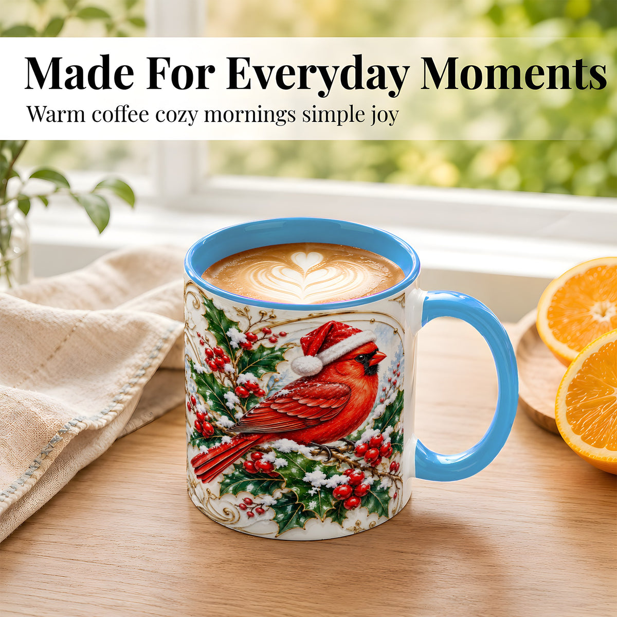 #pl[11oz|Blue] Christmas Cardinal Coffee Mug, Gold Botanical Bird Mug, Ceramic Cup