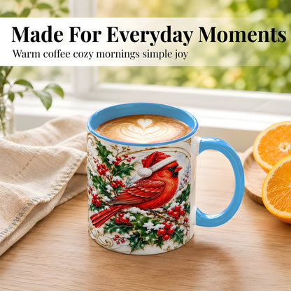 #pl[11oz|Blue] Christmas Cardinal Coffee Mug, Gold Botanical Bird Mug, Ceramic Cup