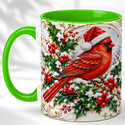 #pl[11oz|Green] Christmas Cardinal Coffee Mug, Gold Botanical Bird Mug, Ceramic Cup