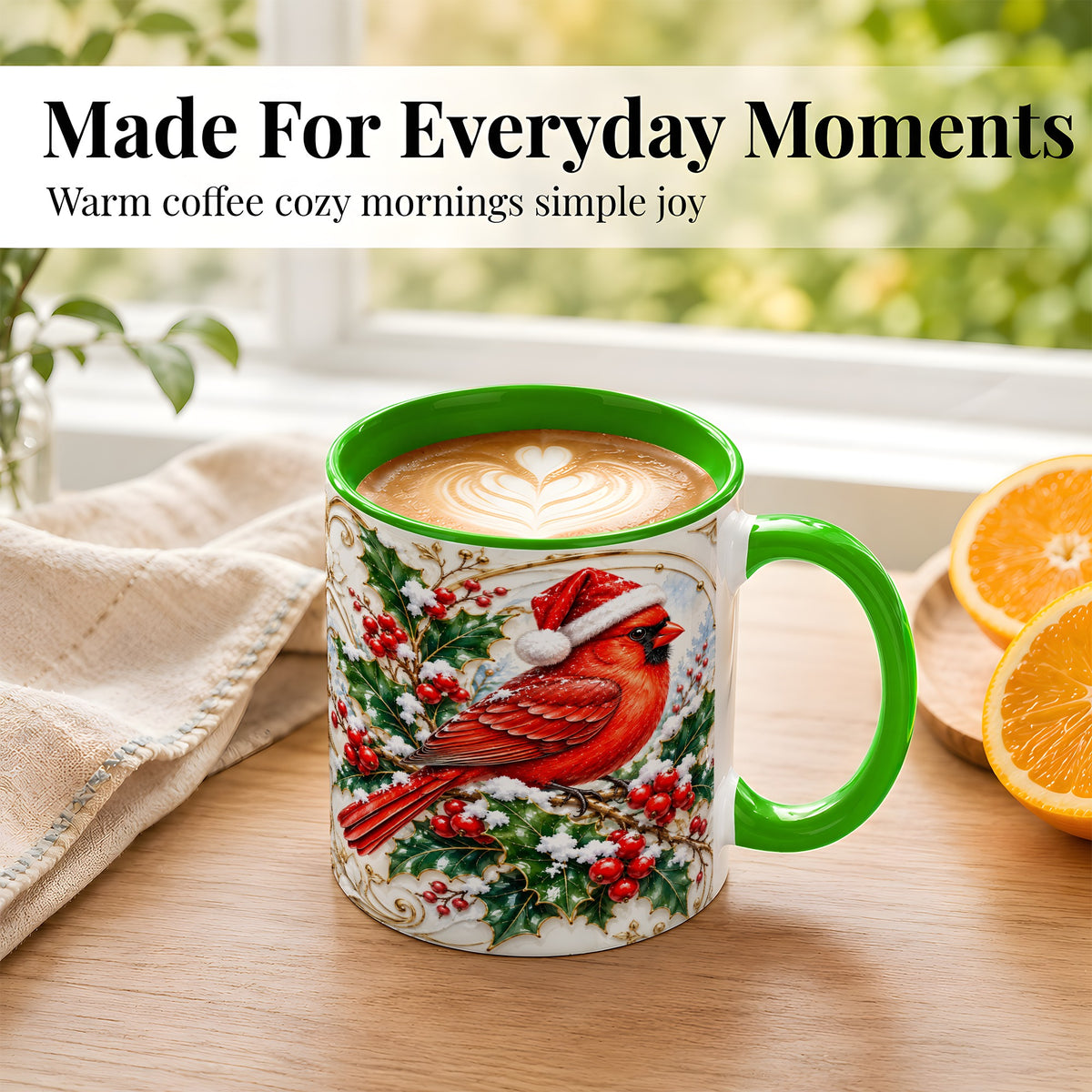 #pl[11oz|Green] Christmas Cardinal Coffee Mug, Gold Botanical Bird Mug, Ceramic Cup