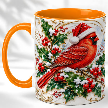 #pl[11oz|Orange] Christmas Cardinal Coffee Mug, Gold Botanical Bird Mug, Ceramic Cup