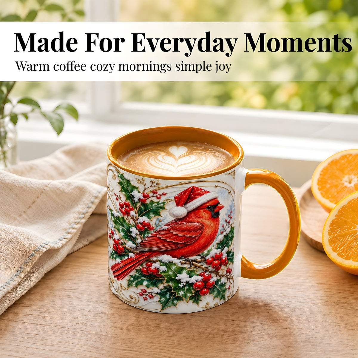 #pl[11oz|Orange] Christmas Cardinal Coffee Mug, Gold Botanical Bird Mug, Ceramic Cup