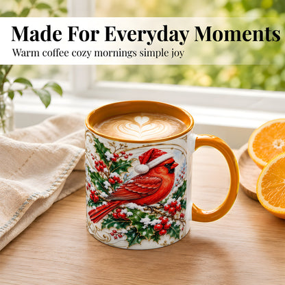 #pl[11oz|Orange] Christmas Cardinal Coffee Mug, Gold Botanical Bird Mug, Ceramic Cup