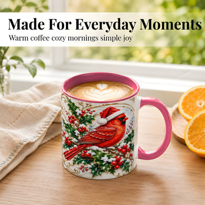 #pl[11oz|Pink] Christmas Cardinal Coffee Mug, Gold Botanical Bird Mug, Ceramic Cup