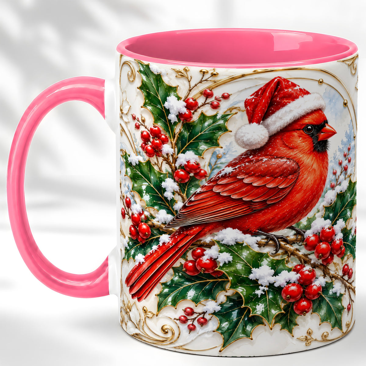 #pl[11oz|Pink] Christmas Cardinal Coffee Mug, Gold Botanical Bird Mug, Ceramic Cup