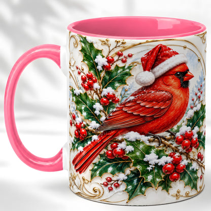 #pl[11oz|Pink] Christmas Cardinal Coffee Mug, Gold Botanical Bird Mug, Ceramic Cup