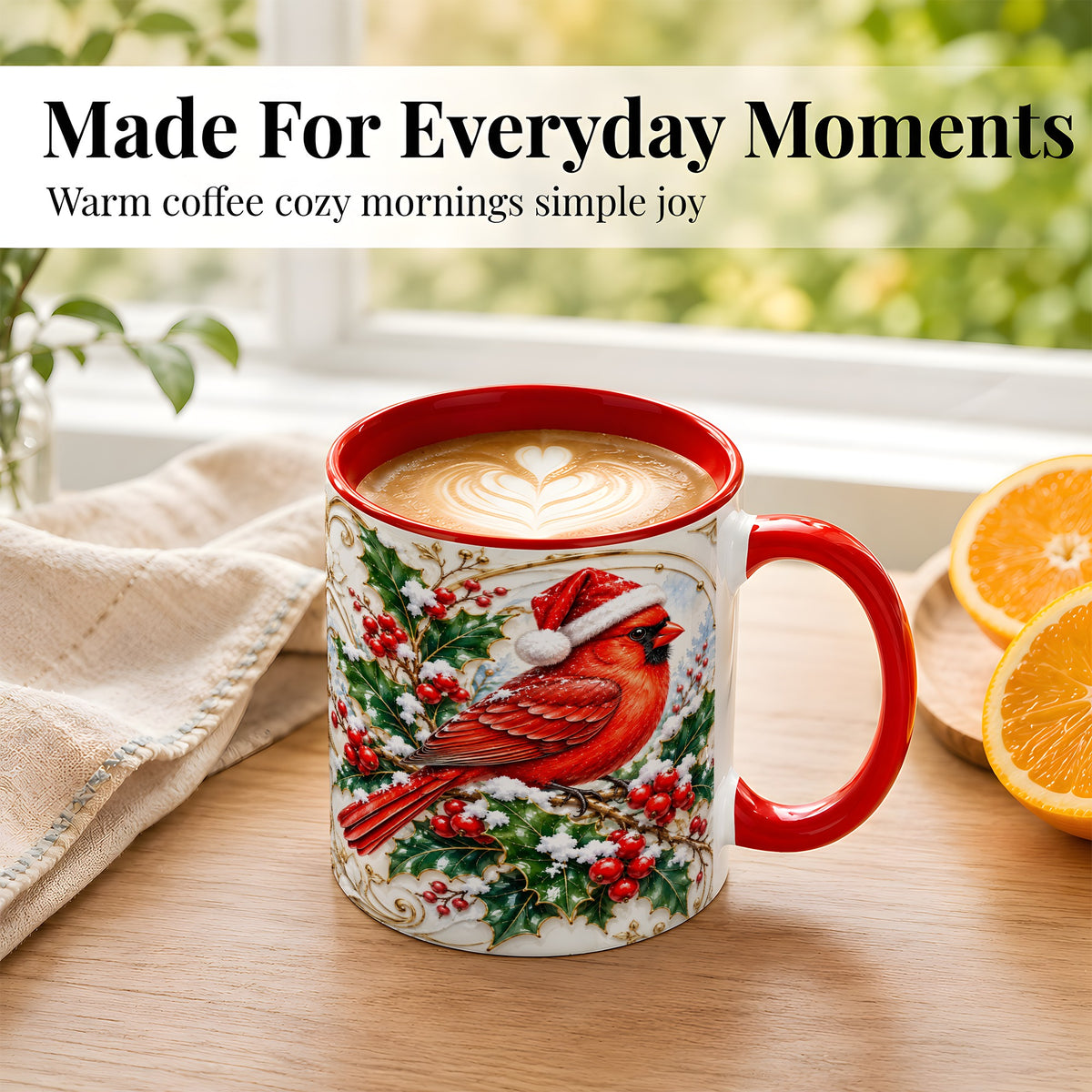 #pl[11oz|Red] Christmas Cardinal Coffee Mug, Gold Botanical Bird Mug, Ceramic Cup