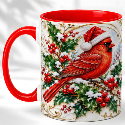 Christmas Cardinal Coffee Mug, Gold Botanical Bird Mug, Ceramic Cup
