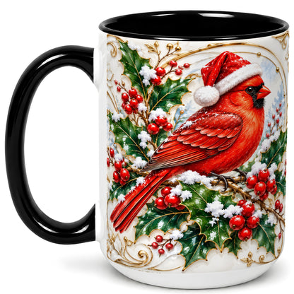 #pl[15oz|Black] Christmas Cardinal Coffee Mug, Gold Botanical Bird Mug, Ceramic Cup