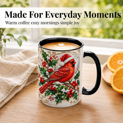 #pl[15oz|Black] Christmas Cardinal Coffee Mug, Gold Botanical Bird Mug, Ceramic Cup
