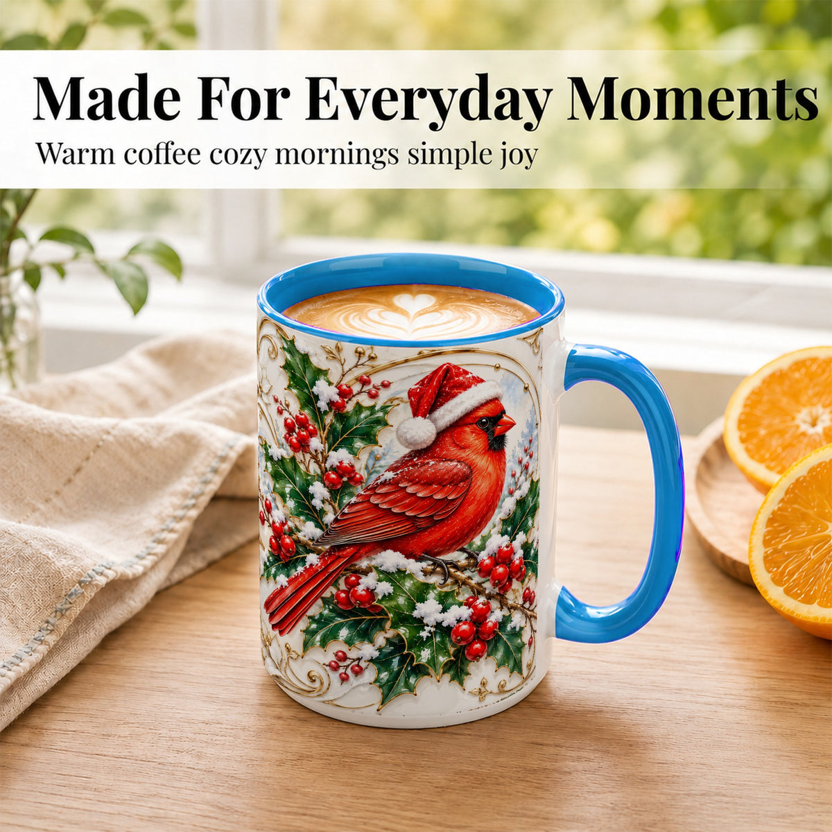 #pl[15oz|Blue] Christmas Cardinal Coffee Mug, Gold Botanical Bird Mug, Ceramic Cup