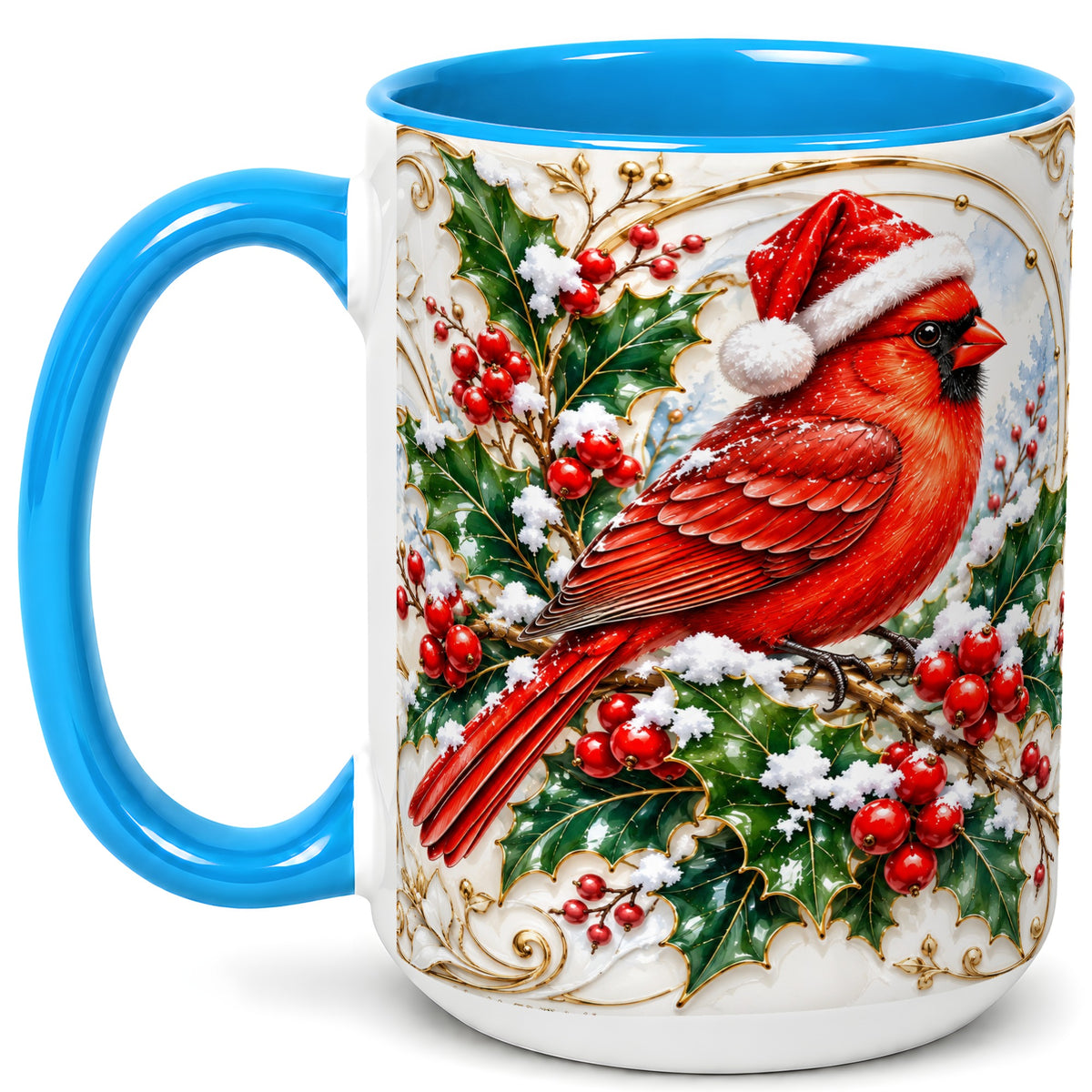 #pl[15oz|Blue] Christmas Cardinal Coffee Mug, Gold Botanical Bird Mug, Ceramic Cup