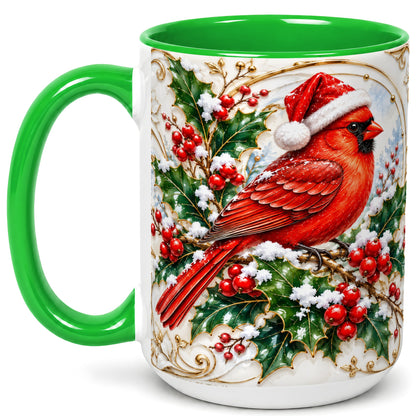 #pl[15oz|Green] Christmas Cardinal Coffee Mug, Gold Botanical Bird Mug, Ceramic Cup