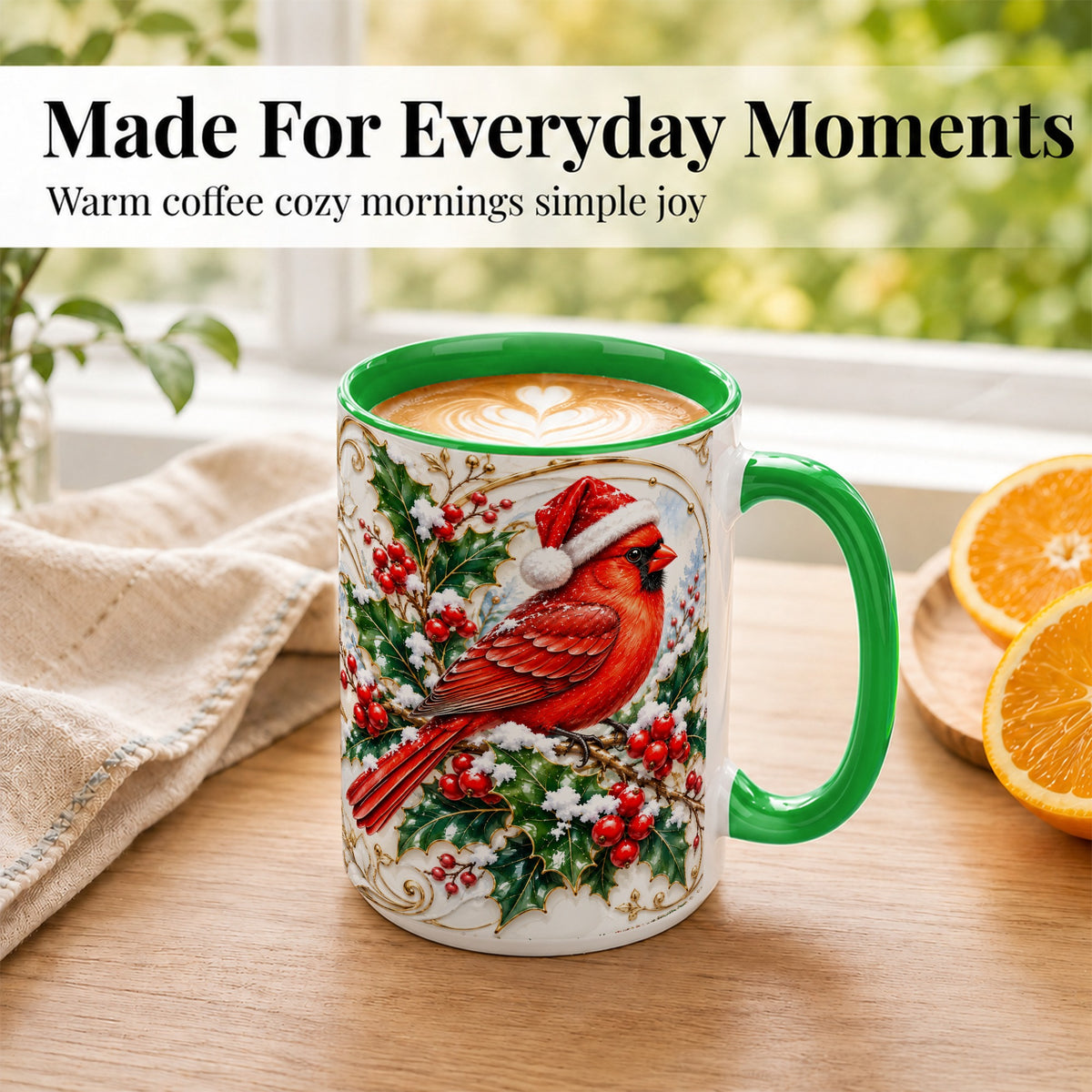 #pl[15oz|Green] Christmas Cardinal Coffee Mug, Gold Botanical Bird Mug, Ceramic Cup