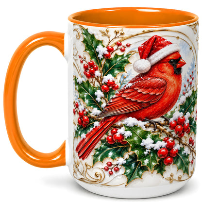 #pl[15oz|Orange] Christmas Cardinal Coffee Mug, Gold Botanical Bird Mug, Ceramic Cup