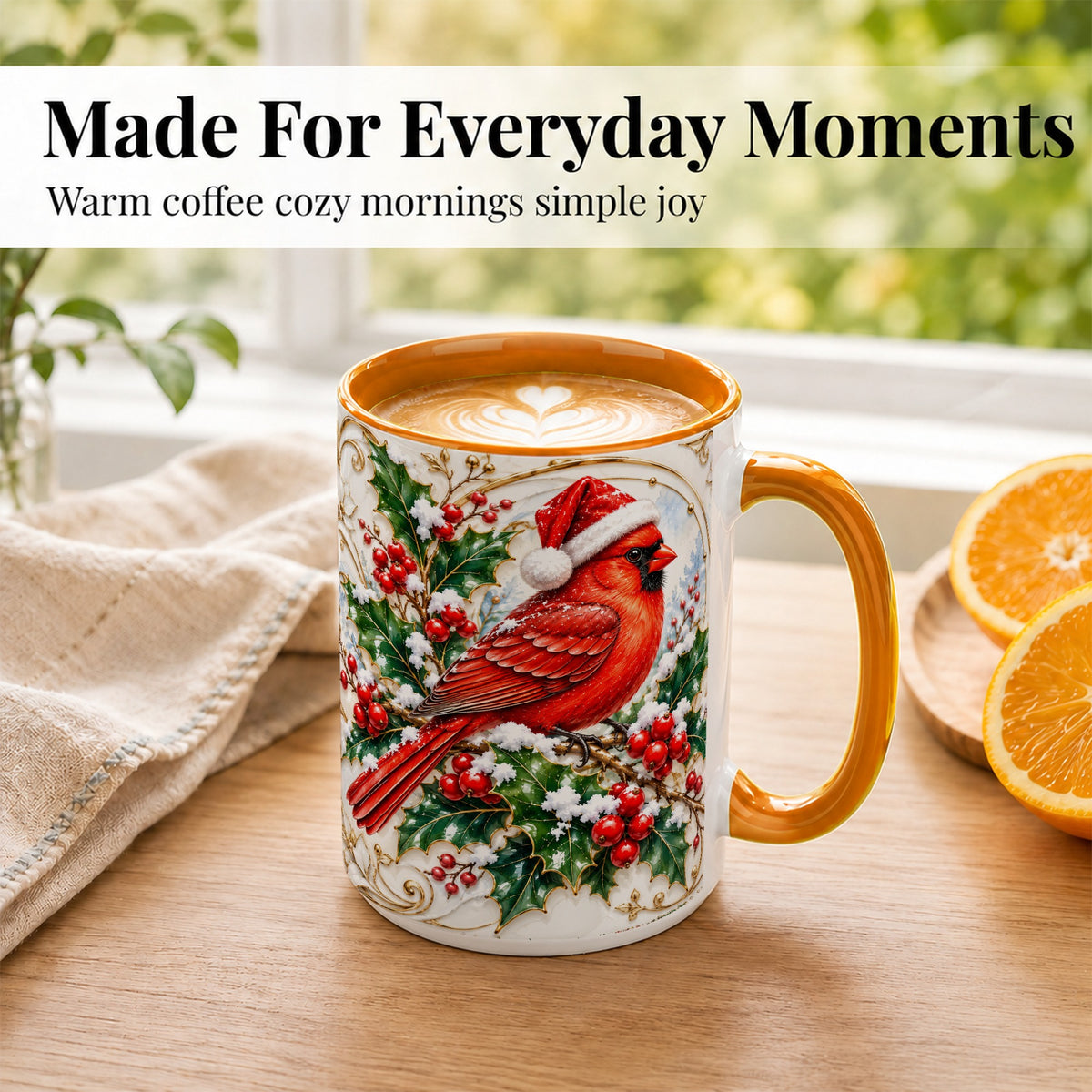#pl[15oz|Orange] Christmas Cardinal Coffee Mug, Gold Botanical Bird Mug, Ceramic Cup