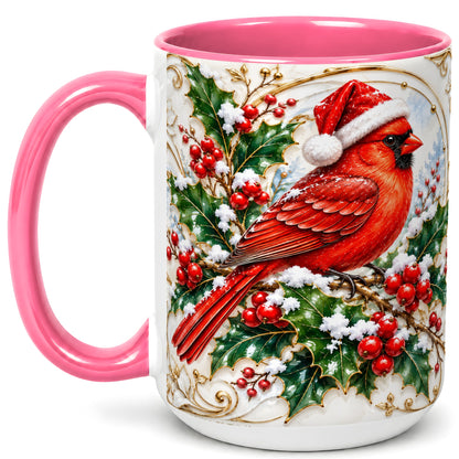 #pl[15oz|Pink] Christmas Cardinal Coffee Mug, Gold Botanical Bird Mug, Ceramic Cup