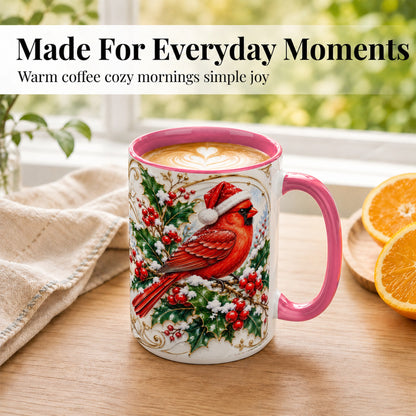 #pl[15oz|Pink] Christmas Cardinal Coffee Mug, Gold Botanical Bird Mug, Ceramic Cup