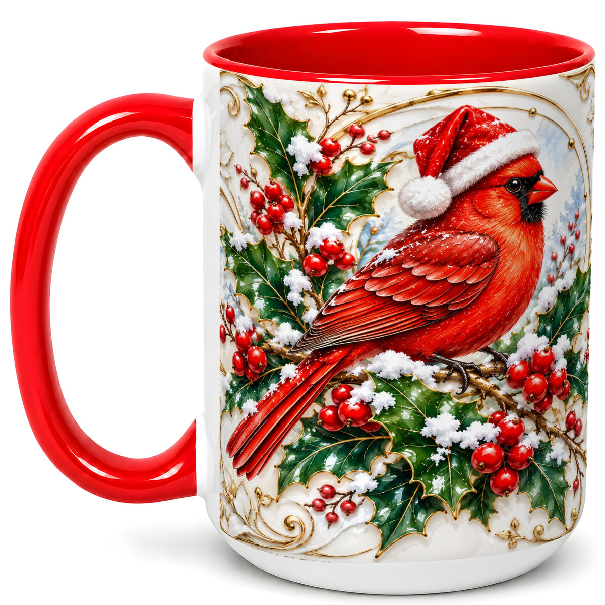 #pl[15oz|Red] Christmas Cardinal Coffee Mug, Gold Botanical Bird Mug, Ceramic Cup