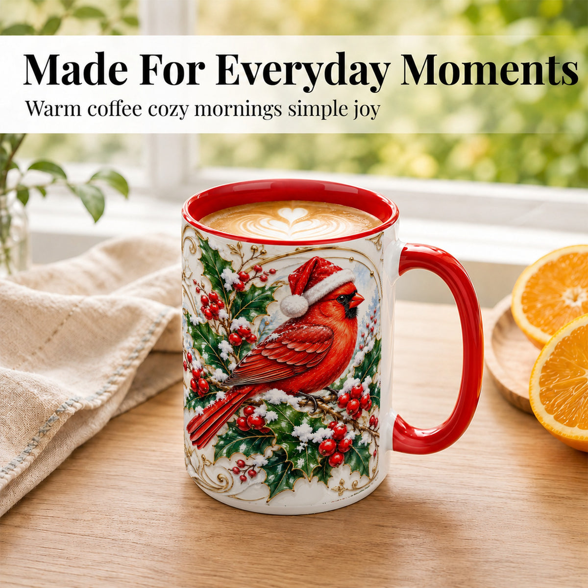 #pl[15oz|Red] Christmas Cardinal Coffee Mug, Gold Botanical Bird Mug, Ceramic Cup