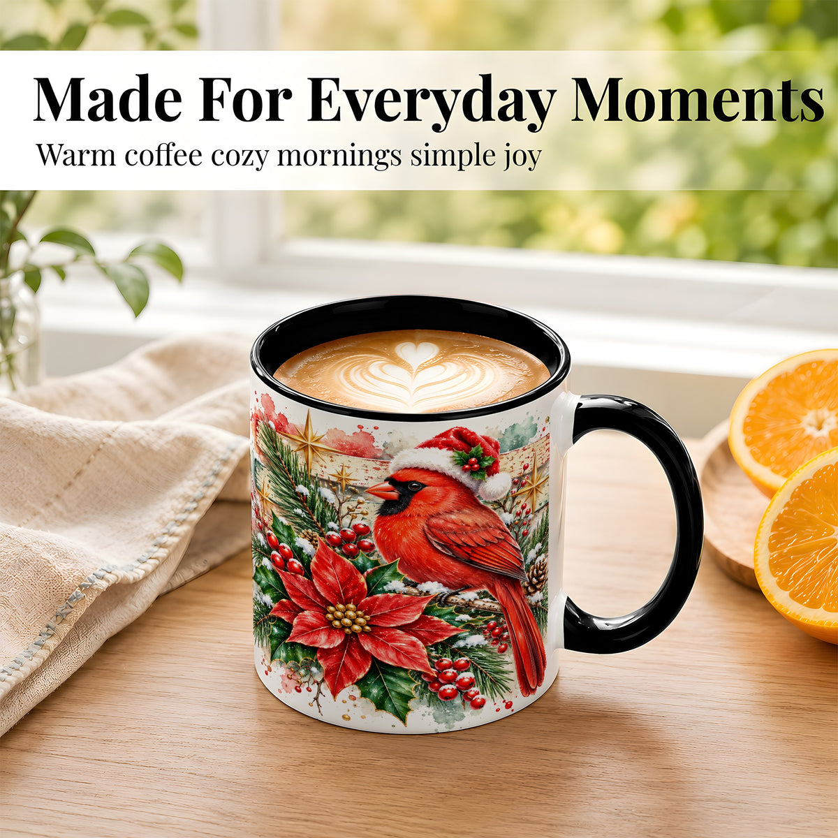 #pl[11oz|Black] Christmas Cardinal Coffee Mug, Poinsettia Cardinal Mug, Ceramic Cup