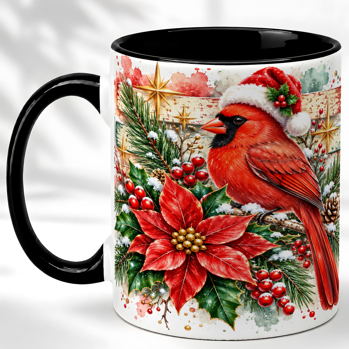 #pl[11oz|Black] Christmas Cardinal Coffee Mug, Poinsettia Cardinal Mug, Ceramic Cup