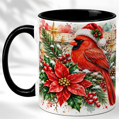 #pl[11oz|Black] Christmas Cardinal Coffee Mug, Poinsettia Cardinal Mug, Ceramic Cup