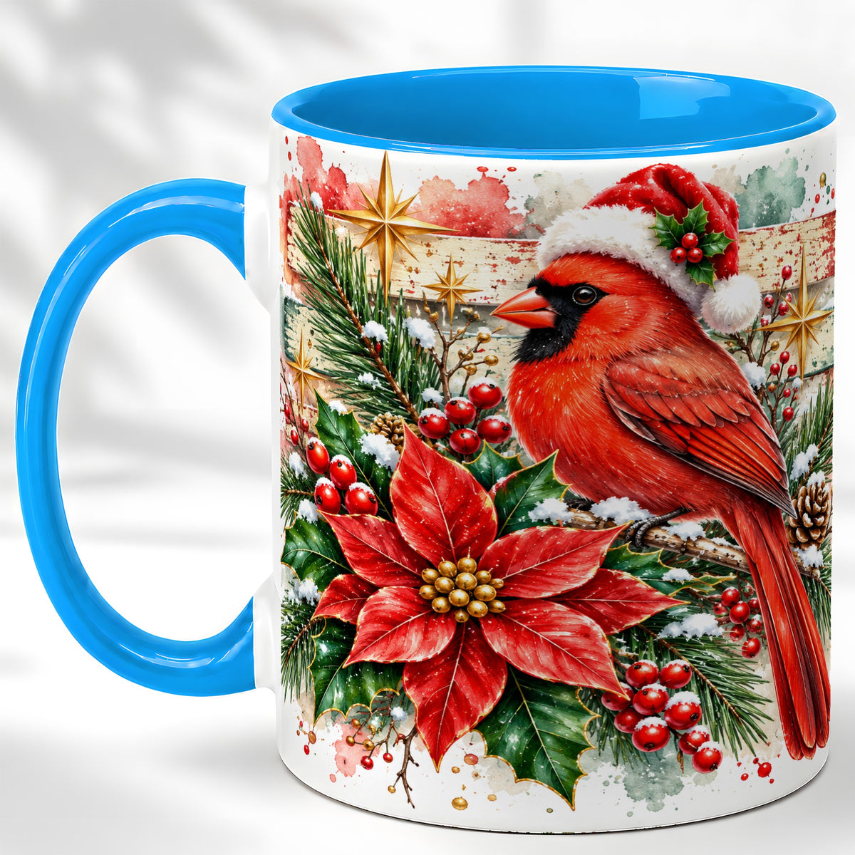 #pl[11oz|Blue] Christmas Cardinal Coffee Mug, Poinsettia Cardinal Mug, Ceramic Cup