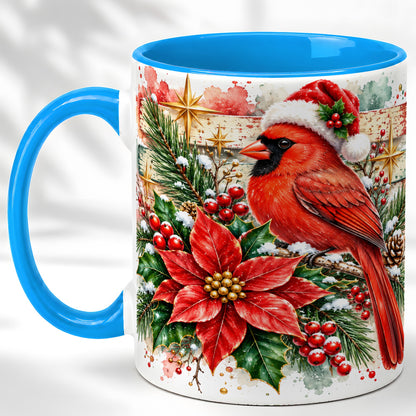 #pl[11oz|Blue] Christmas Cardinal Coffee Mug, Poinsettia Cardinal Mug, Ceramic Cup