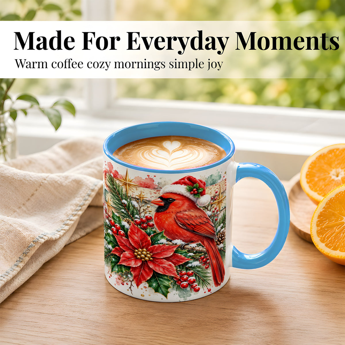 #pl[11oz|Blue] Christmas Cardinal Coffee Mug, Poinsettia Cardinal Mug, Ceramic Cup