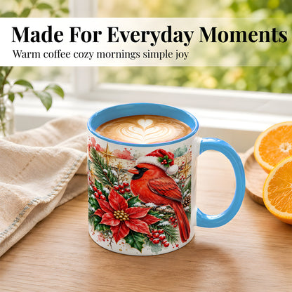#pl[11oz|Blue] Christmas Cardinal Coffee Mug, Poinsettia Cardinal Mug, Ceramic Cup
