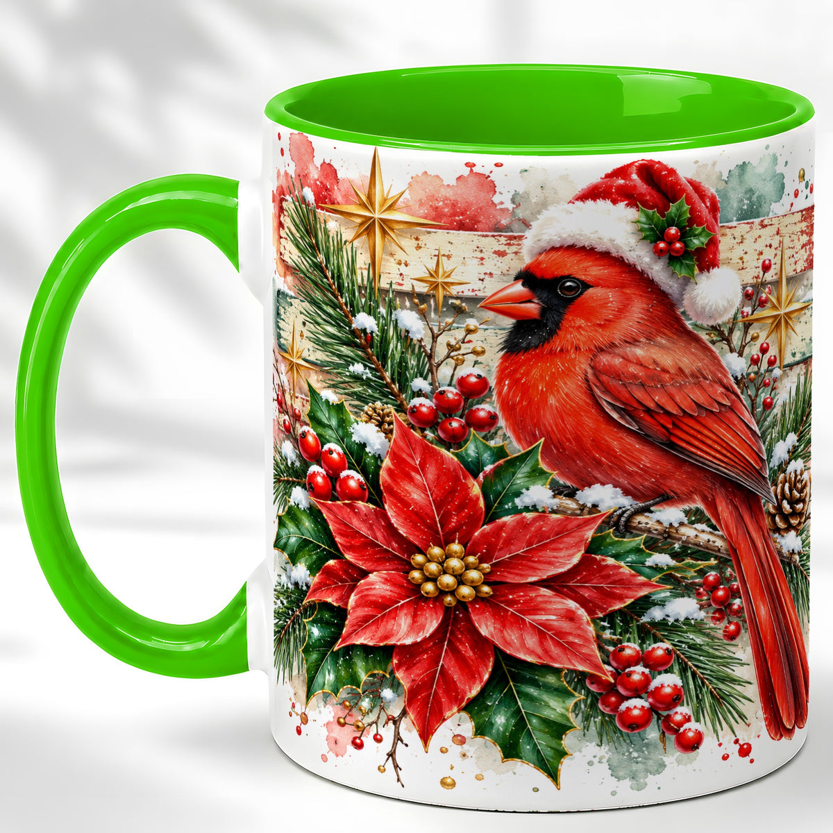 #pl[11oz|Green] Christmas Cardinal Coffee Mug, Poinsettia Cardinal Mug, Ceramic Cup