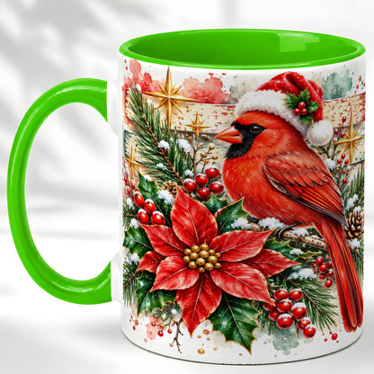 #pl[11oz|Green] Christmas Cardinal Coffee Mug, Poinsettia Cardinal Mug, Ceramic Cup