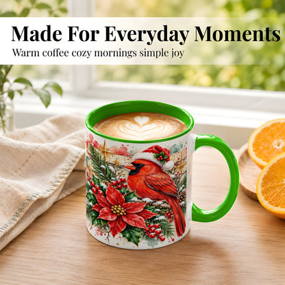 #pl[11oz|Green] Christmas Cardinal Coffee Mug, Poinsettia Cardinal Mug, Ceramic Cup