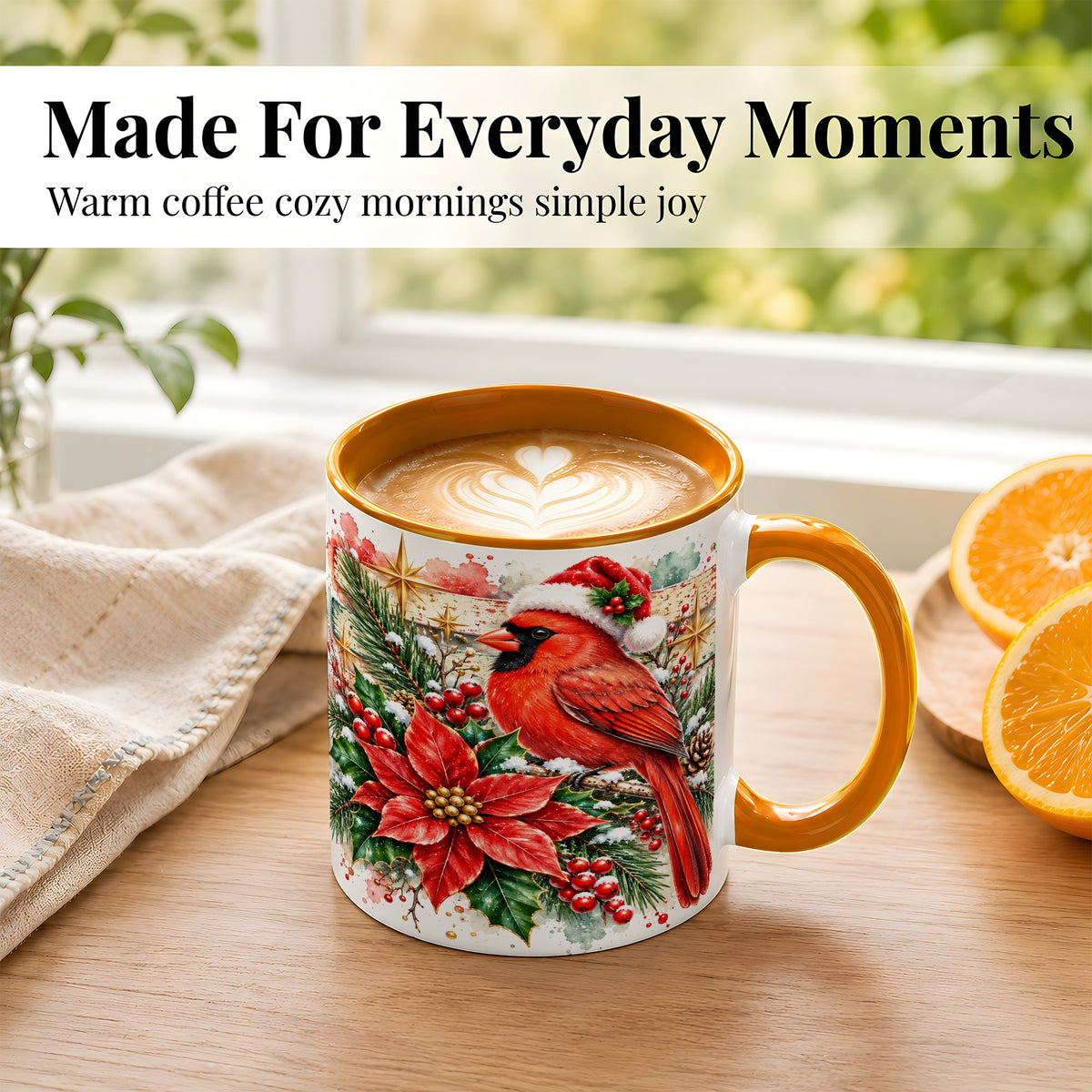 #pl[11oz|Orange] Christmas Cardinal Coffee Mug, Poinsettia Cardinal Mug, Ceramic Cup