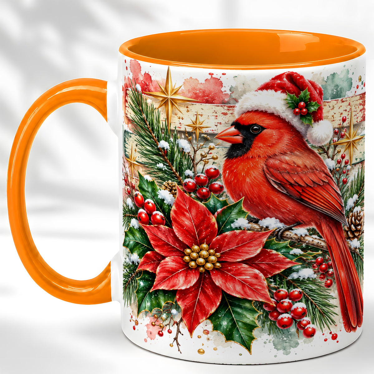 #pl[11oz|Orange] Christmas Cardinal Coffee Mug, Poinsettia Cardinal Mug, Ceramic Cup