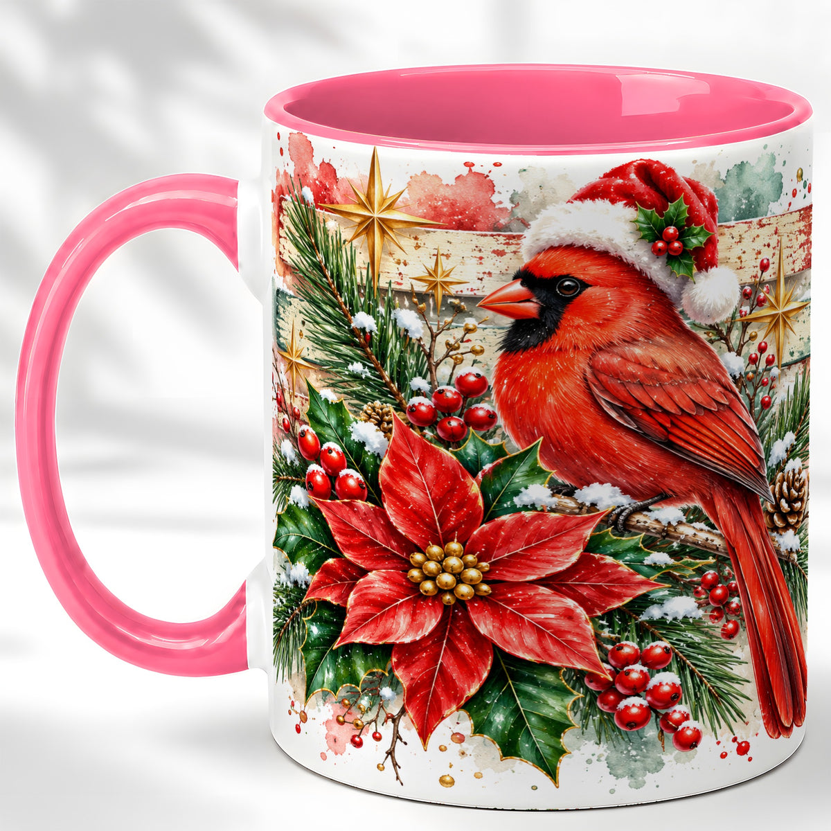 #pl[11oz|Pink] Christmas Cardinal Coffee Mug, Poinsettia Cardinal Mug, Ceramic Cup
